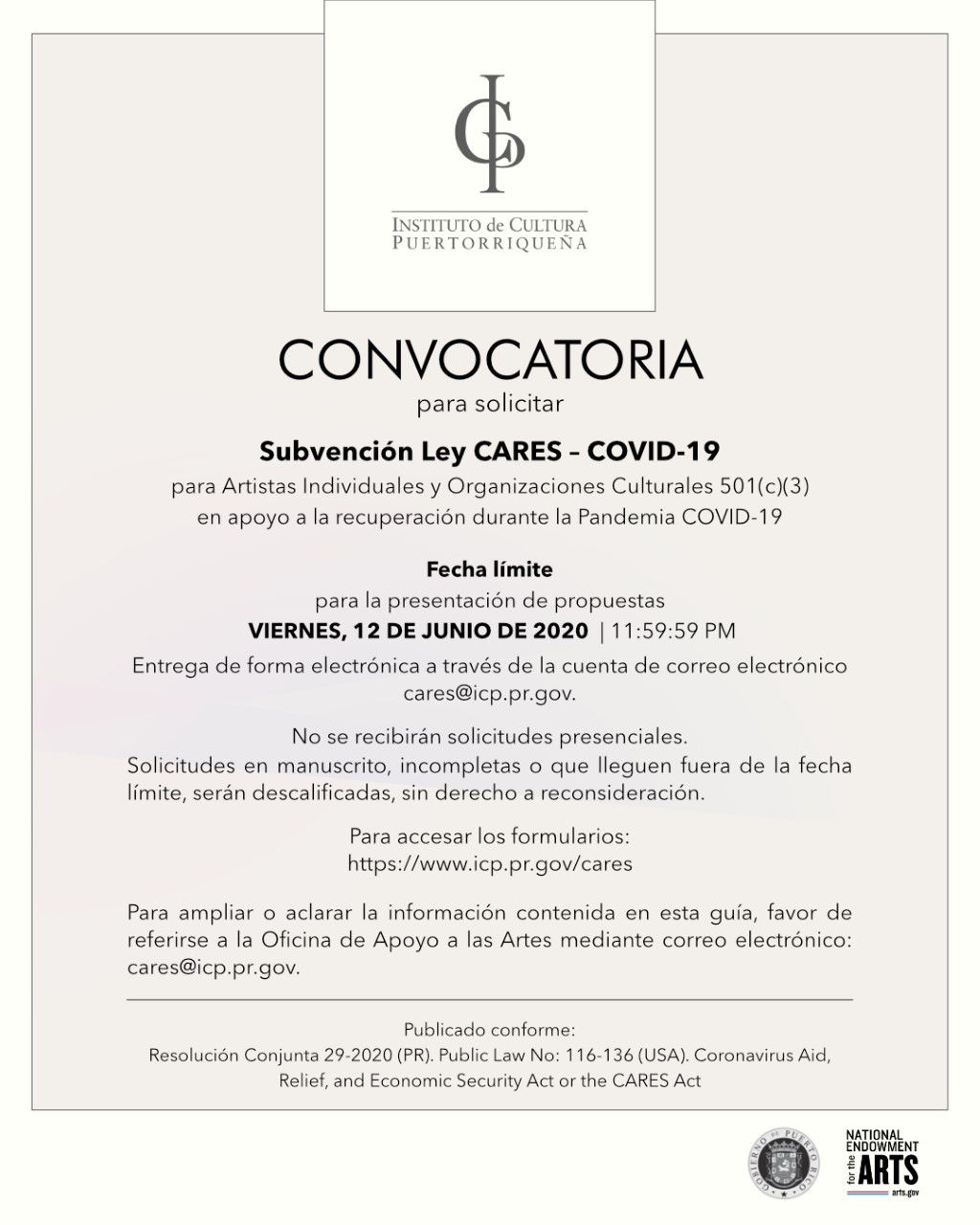 Instituto de Cultura - anuncian ayuda economica para artistas - mayo 18 2020